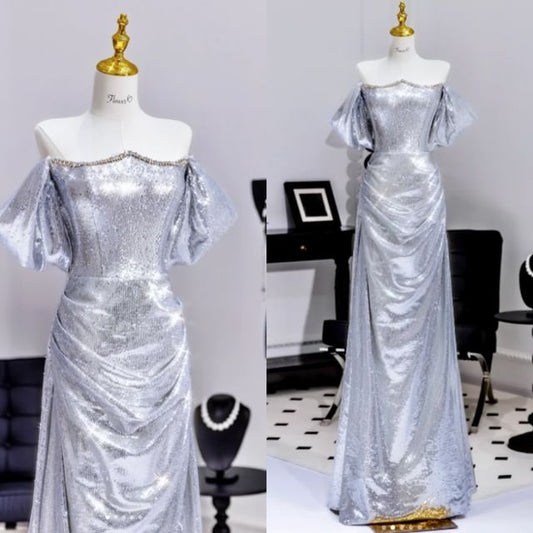 Shoulder A-Line Sleeve Puff Gown Evening Off Ruched Sequin Metallic