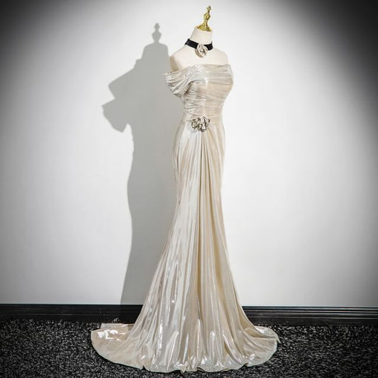 Plain Shoulder Evening Trumpet Off Gown Ruched Sleeveless