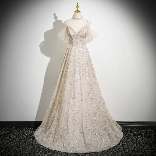 Evening Strap Patterned Beaded A-Line Spaghetti Gown