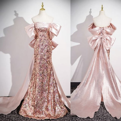 Evening Shoulder Bow Panel Gown Off Trumpet Sequin Sleeveless