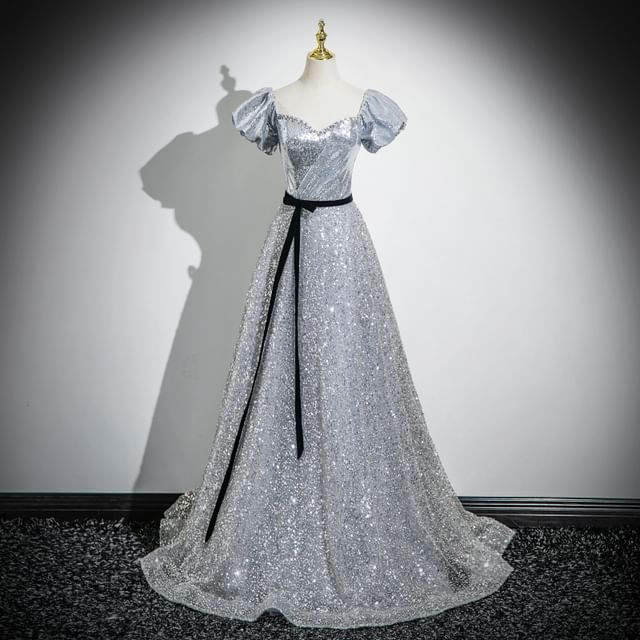 A-Line Neck Sweetheart Sequin Evening Puff Bow Sleeve Gown