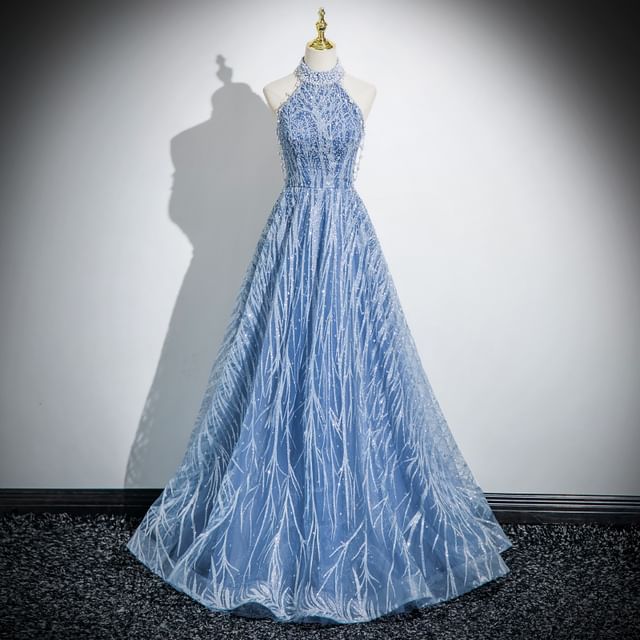 Neck Evening Mesh Sleeveless Patterned A-Line Mock Beaded Gown