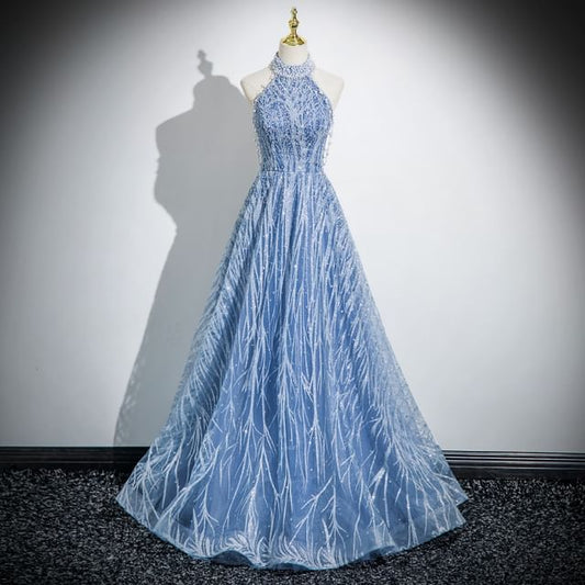 Neck Evening Mesh Sleeveless Patterned A-Line Mock Beaded Gown