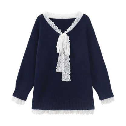 Oversized V-Neck Knit Sweater with Delicate Lace Trim