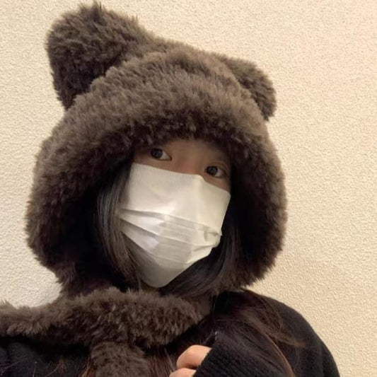 Plain Bear Ear Fluffy Hat / Ribbed Beanie