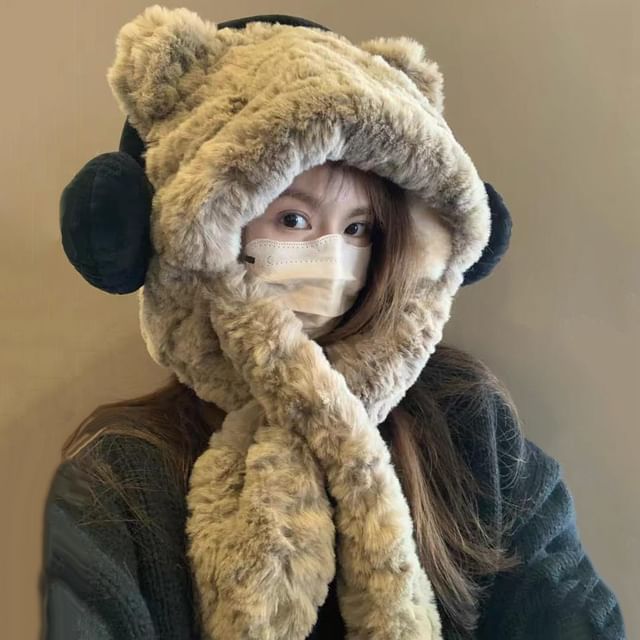 Bear Ear Fluffy Hooded Scarf / Ribbed Beanie