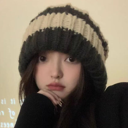 Striped / Plain Ribbed Beanie