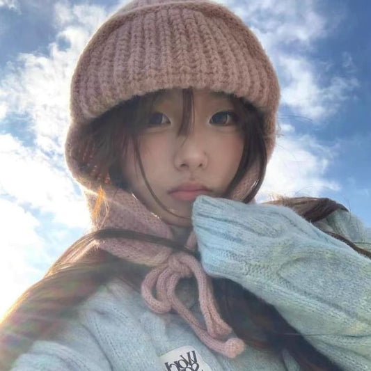 Plain Knit Balaclava / Bear Fluffy Hat