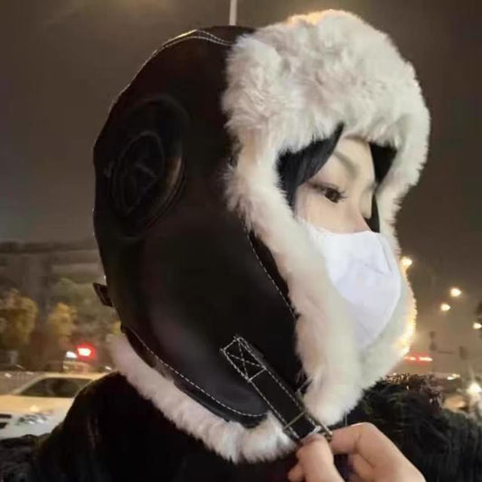 Panel Faux Leather Trapper Hat / Plain Panel Fluffy Hat