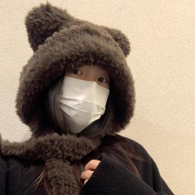 Plain Bear Ear Fluffy Hat / Ribbed Beanie