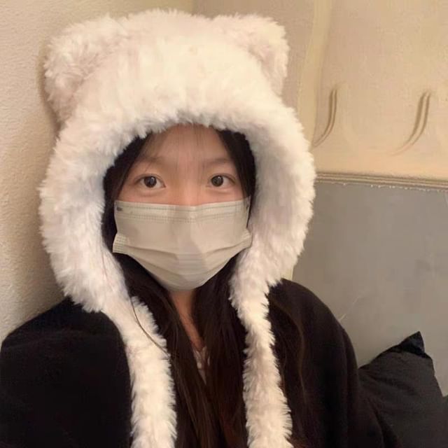 Plain Bear Ear Fluffy Hat / Ribbed Beanie
