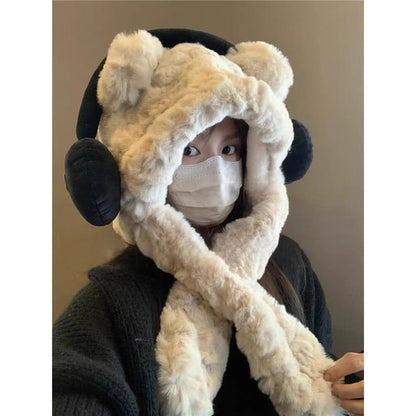 Bear Ear Fluffy Hooded Scarf / Ribbed Beanie
