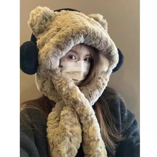 Bear Ear Fluffy Hooded Scarf / Ribbed Beanie
