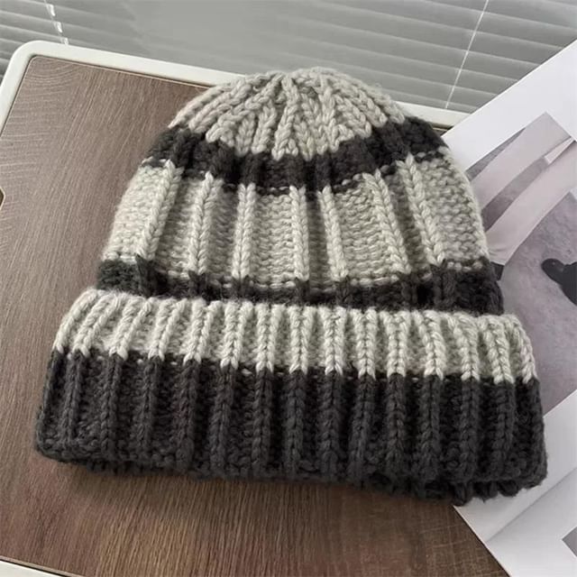 Striped / Plain Ribbed Beanie