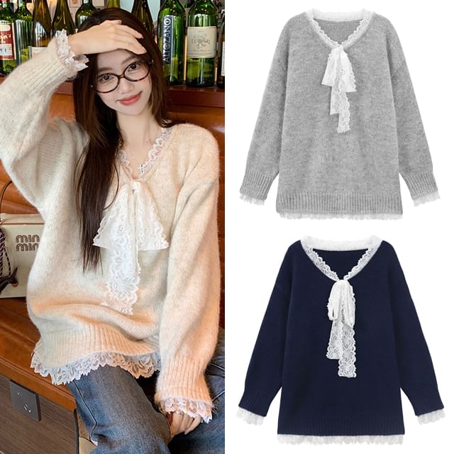 Oversized V-Neck Knit Sweater with Delicate Lace Trim