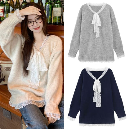 Oversized V-Neck Knit Sweater with Delicate Lace Trim