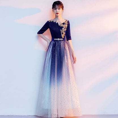 Elbow-Sleeve Flower Embroidered Gradient Sequin A-Line Evening Gown