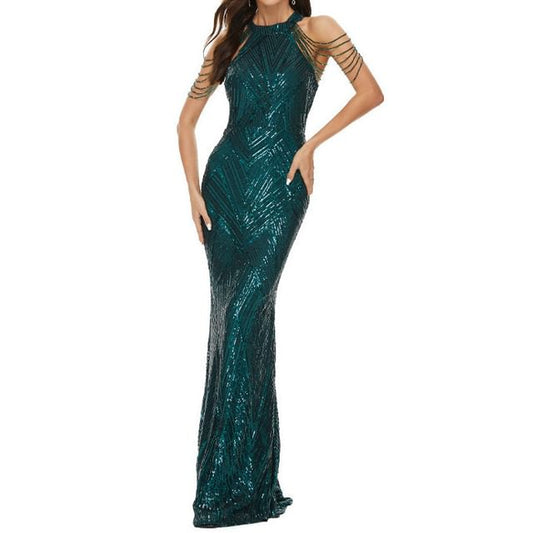 Halter Sequin Beaded Strappy Mermaid Evening Gown
