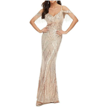 Cold-Shoulder Sequin Beaded Trumpet Evening Gown