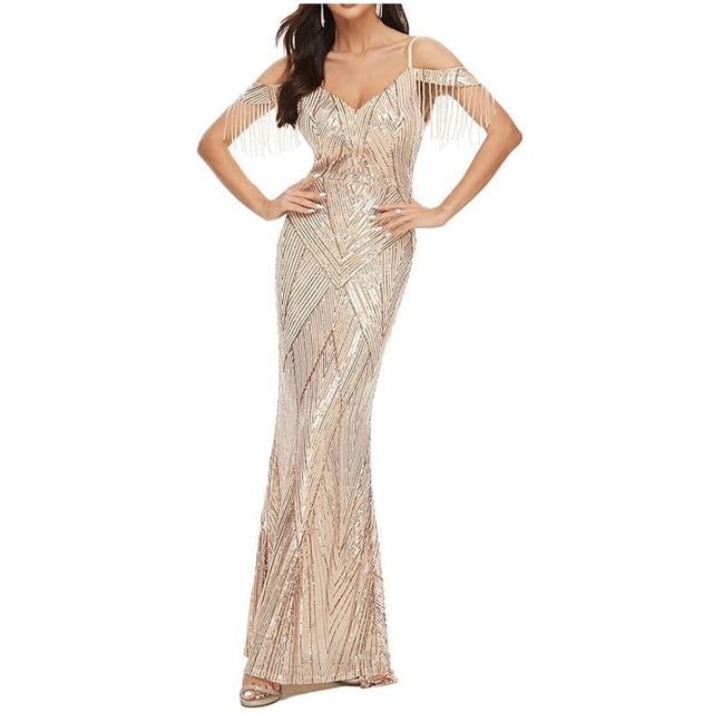 Evening Cold-Shoulder Trumpet Gown Sequin Beaded