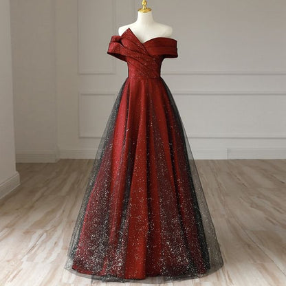 Off-Shoulder Glitter Asymmetrical Mesh Panel A-Line Evening Gown