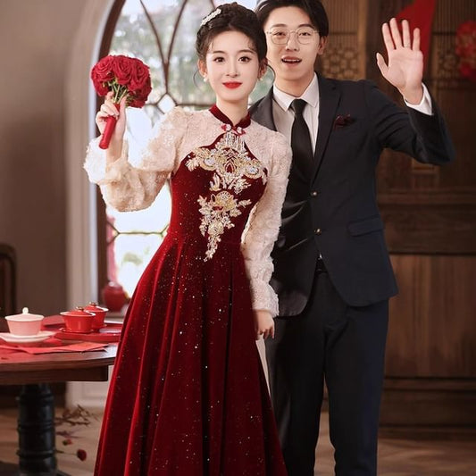 Puff-Sleeve Flower Embroidered Sequin A-Line Evening Gown