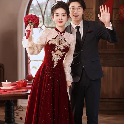 A-Line Puff-Sleeve Sequin Embroidered Flower Evening Gown