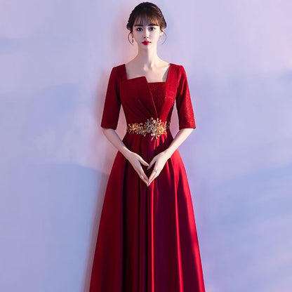 Elbow-Sleeve Square Neck Embroidered A-Line Evening Gown