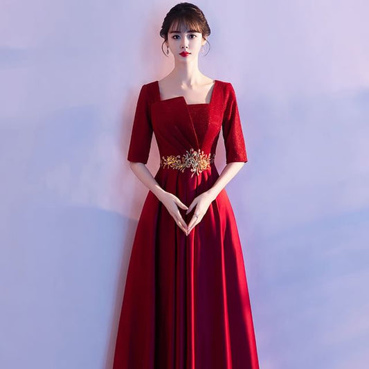 Elbow-Sleeve Square Neck Embroidered A-Line Evening Gown