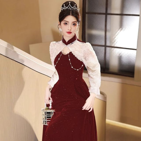 Puff-Sleeve Mock Neck Two Tone Flower Embroidered Glitter A-Line Evening Gown