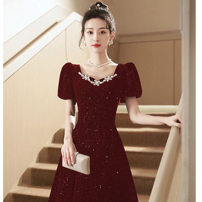 Puff-Sleeve Sequin Rhinestone A-Line Evening Gown