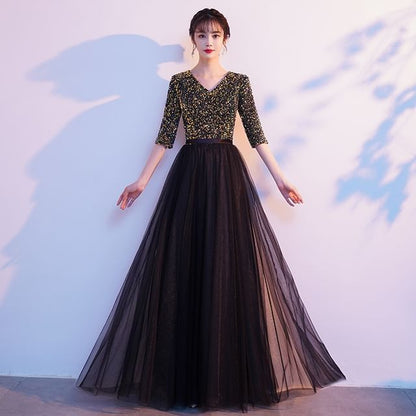 Sequin Gown Elbow-Sleeve A-Line Evening V-Neck