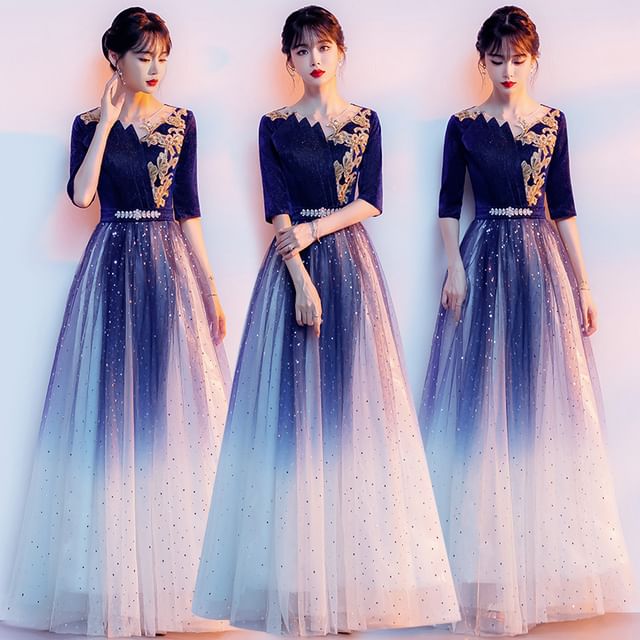 Elbow-Sleeve Flower Embroidered Gradient Sequin A-Line Evening Gown