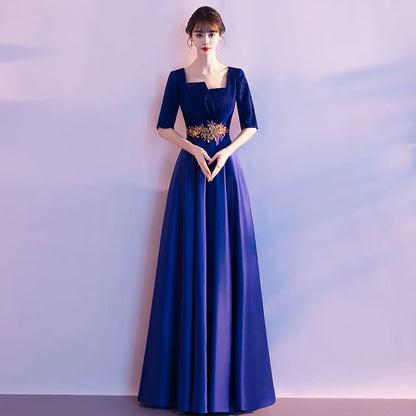 Elbow-Sleeve Square Neck Embroidered A-Line Evening Gown