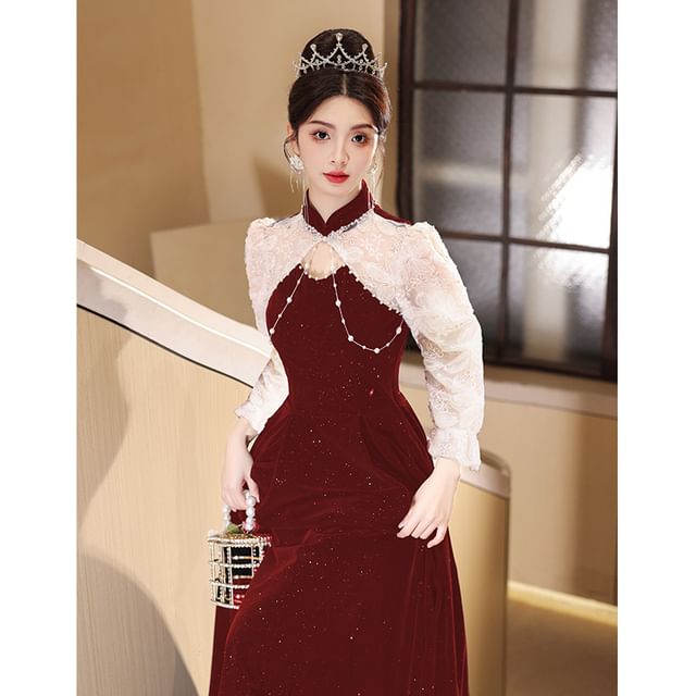Puff-Sleeve Mock Neck Two Tone Flower Embroidered Glitter A-Line Evening Gown