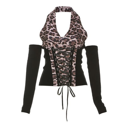 Sleeveless Leopard Print Lace-Up Top / Faux Fur Shrug