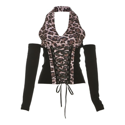 Sleeveless Leopard Print Lace-Up Top / Faux Fur Shrug