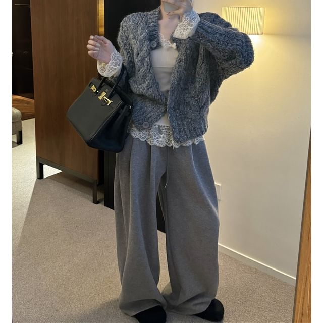 Cable Knit Cardigan, Drawstring Pants & Lace Cami Set
