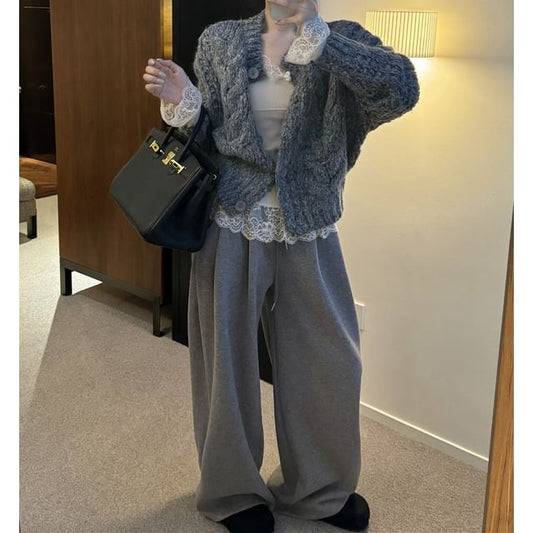 Cable Knit Cardigan, Drawstring Pants & Lace Cami Set