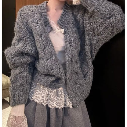 Cable Knit Cardigan, Drawstring Pants & Lace Cami Set