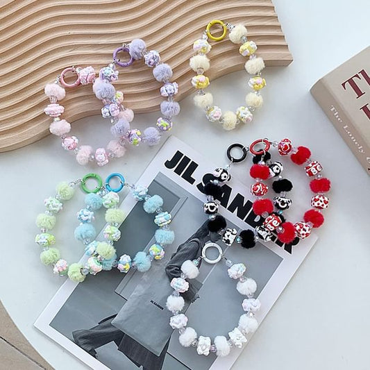Heart Bead Pom Pom Phone Strap