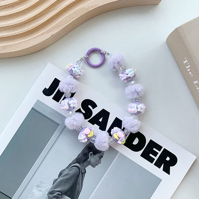 Heart Bead Pom Pom Phone Strap