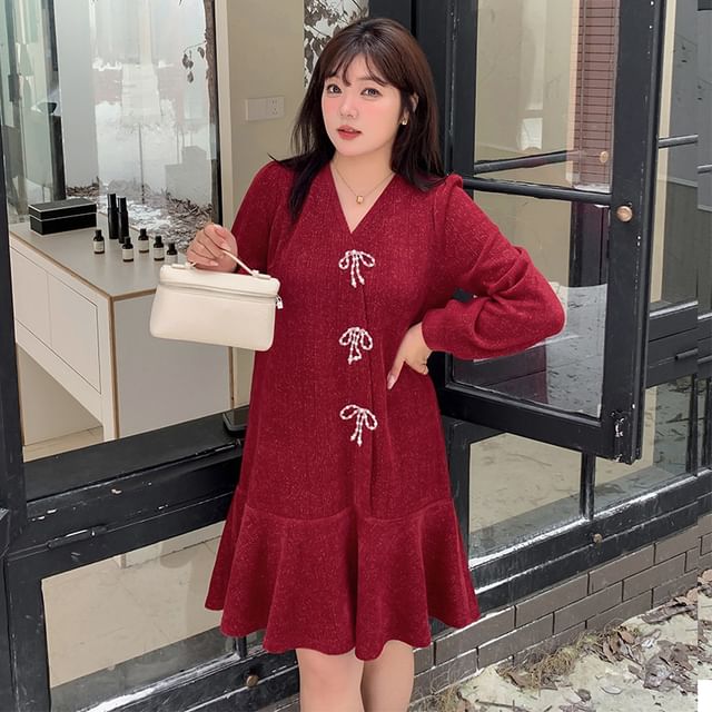 Plus Size Long-Sleeve V-Neck Glitter Bow Smock Dress