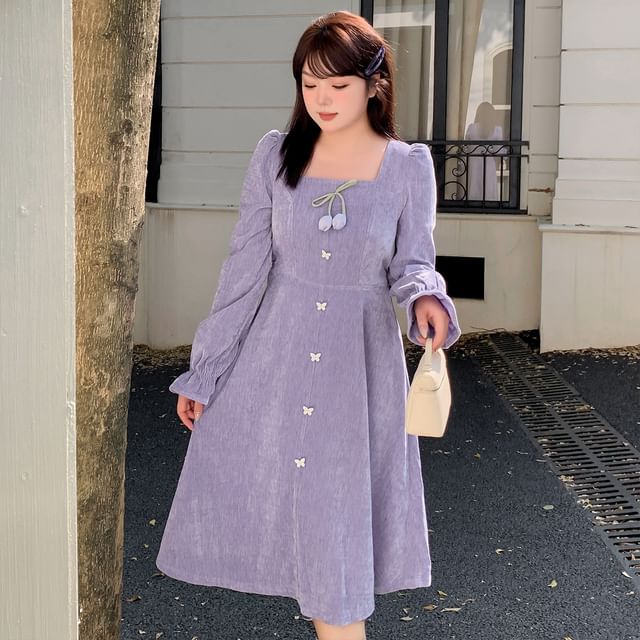 Plus Size Long-Sleeve Square Neck Plain Flower Detail Midi A-Line Dress