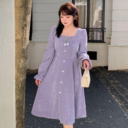 Plus Size Long-Sleeve Square Neck Plain Flower Detail Midi A-Line Dress