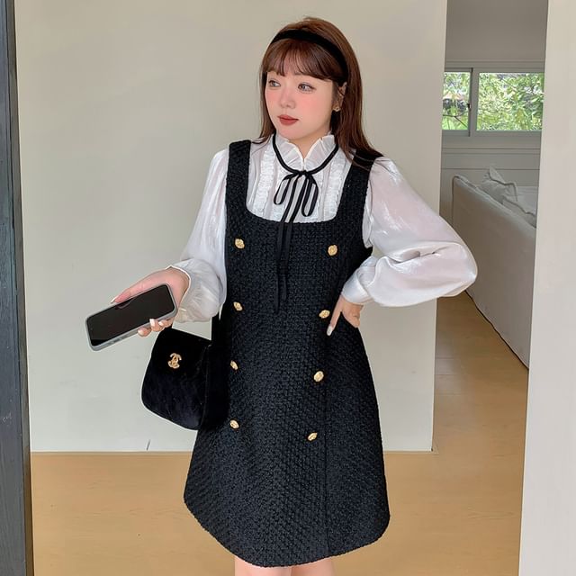 Plus Size Puff-Sleeve Plain Ruffle Bow Shirt / Square Neck Mini Jumper Dress