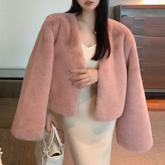 V-Neck Plain Faux Fur Fluffy Jacket