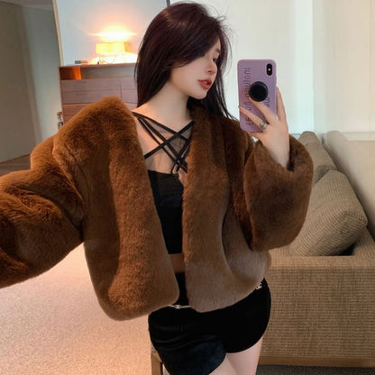 V-Neck Plain Faux Fur Fluffy Jacket