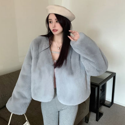 V-Neck Plain Faux Fur Fluffy Jacket