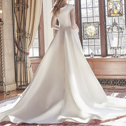 Cap-Sleeve Sweetheart Neckline Plain Trained A-Line Wedding Gown